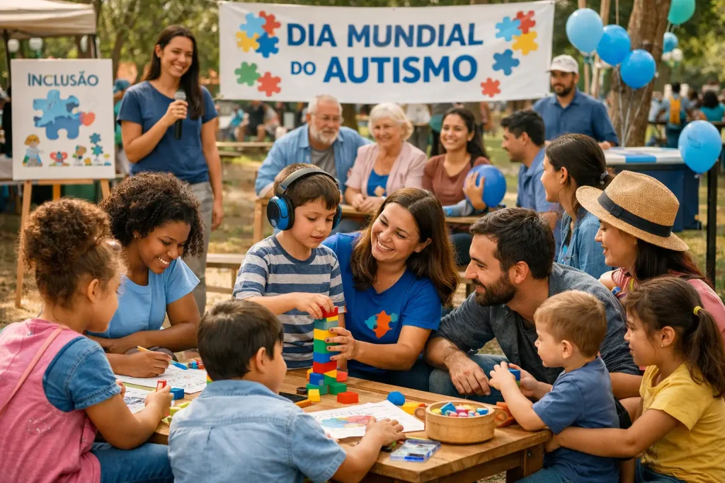 Comunidade reunida em ação de conscientização do autismo durante o Dia Mundial do Autismo.